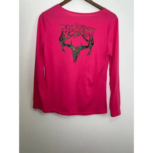 Women's Country Life Long Sleeve Shirt Pink with Camo Size S - Picture 2 of 5